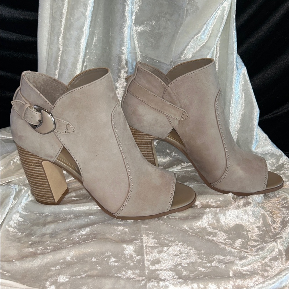 Vince Camuto Taupe Suede Open-Toe Stacked Heel Booties - Picture 11 of 11